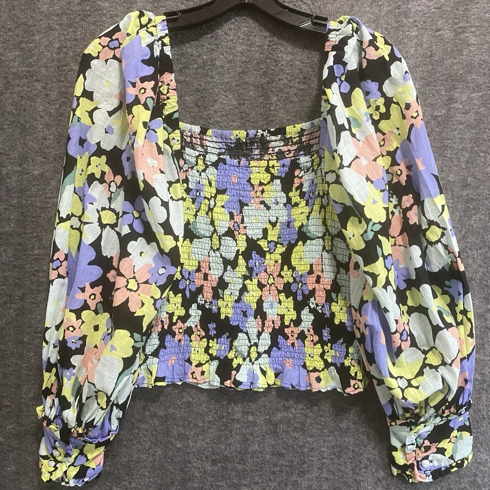 Free People Ariana Smocked Floral Top Small Cropped Boho Cottage Hippie Festival - Picture 4 of 10